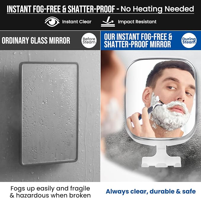 TAILI Shower Mirror Fogless for Shaving,Fogless Mirror Suction Wall Mounted | Shower Mirror Fogless, Shaving Mirrors, Removable & Reusable, Wall Mount, Razor Holder Storage, Bathroom Accessories, White
