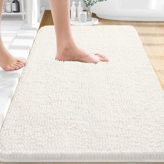 OLANLY Bathroom Rugs 32x20, Extra Soft Absorbent Chenille Bath Rugs | Ivory, Quick-Drying Rubber Backing, Machine Washable Bath Mat for Bathroom Floor, Tub and Shower, Home Decor Accessories