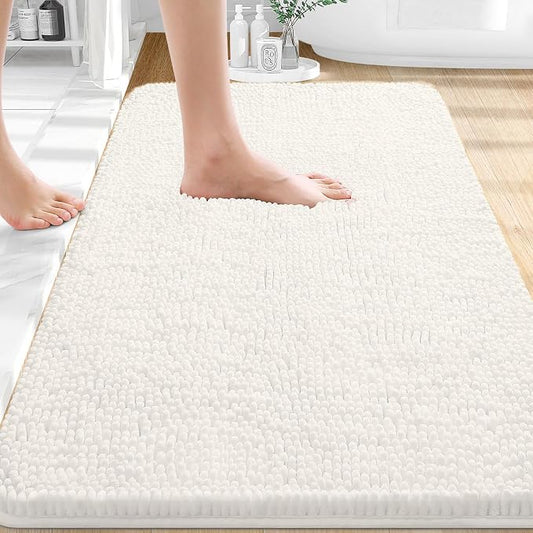 OLANLY Bathroom Rugs 32x20, Extra Soft Absorbent Chenille Bath Rugs | Ivory, Quick-Drying Rubber Backing, Machine Washable Bath Mat for Bathroom Floor, Tub and Shower, Home Decor Accessories