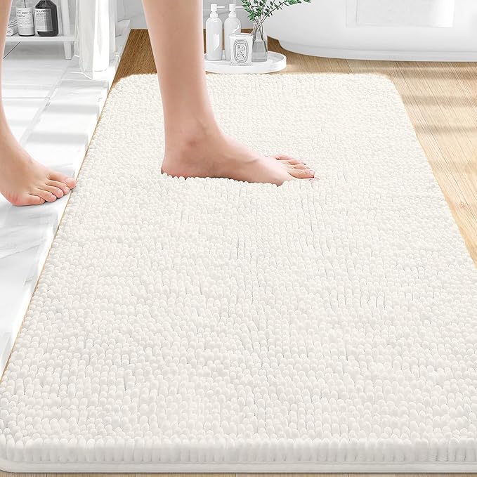 OLANLY Bathroom Rugs 32x20, Extra Soft Absorbent Chenille Bath Rugs | Ivory, Quick-Drying Rubber Backing, Machine Washable Bath Mat for Bathroom Floor, Tub and Shower, Home Decor Accessories