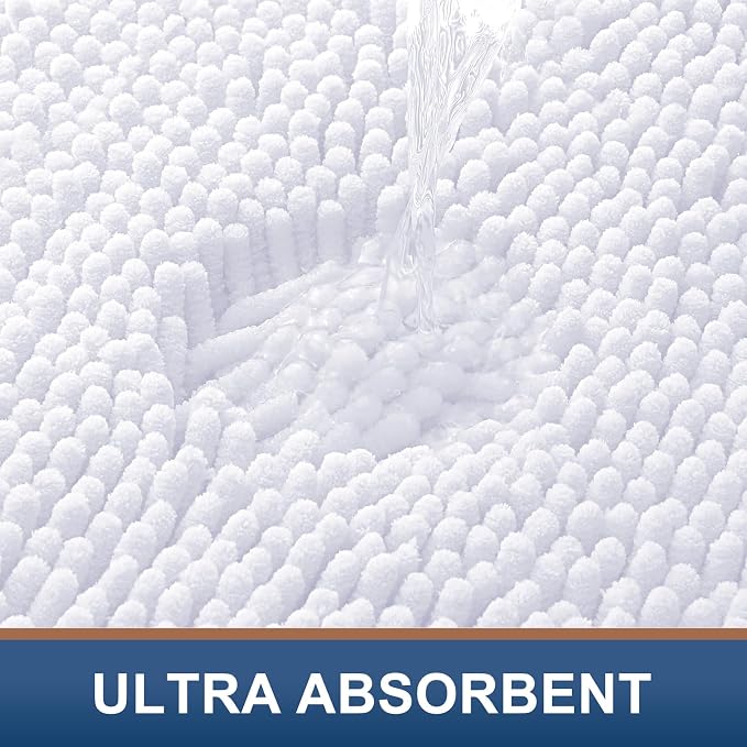Smiry Chenille Bathroom Rugs Sets 2 Piece (47x20+24x16, White) | Soft Absorbent Machine Washable Non Slip Shaggy Bath Rug Set for Tub, Shower, and Floor, Home Decor
