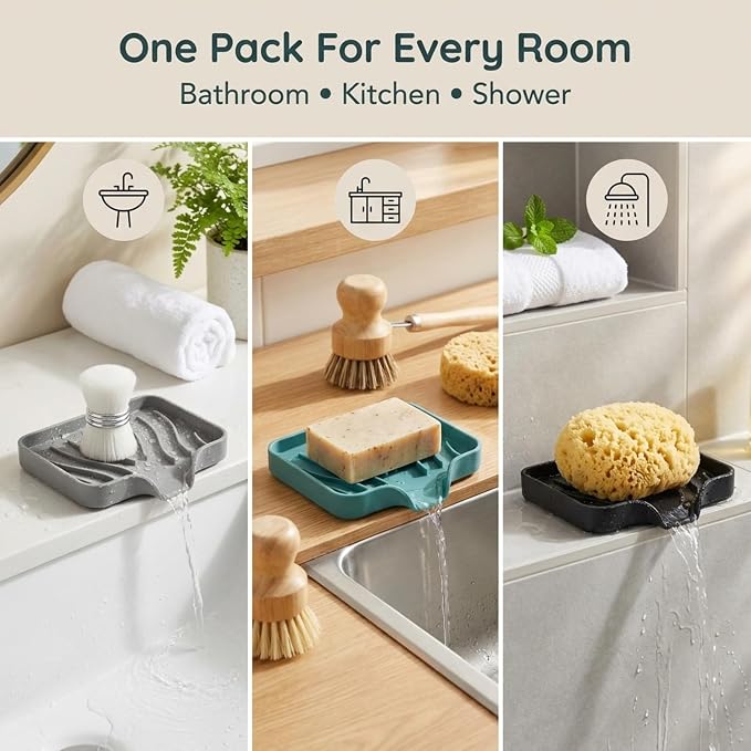 Self Draining Soap Dish with Drain Spout - Bar Soap Holder for Bathroom & Kitchen Sink - Flexible Non-Slip Silicone Soap Holder for Bar Soap, Sponge & Scrubber – 3 Pack