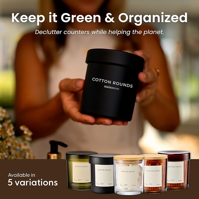 MaisoNovo Glass Bathroom Containers with Lids (Airtight) - Qtip Holder - Apothecary Jars for Cotton Rounds, Swabs, Balls, Pads - Black Q Tip Dispenser - 2 pcs Bathroom Canisters Set for Organization