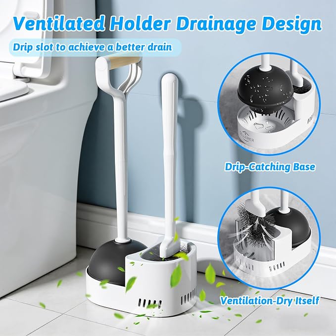 Sellemer Toilet Brush and Plunger Set, Curved Head Deep Clean, White 2 Pack | Brush and Plunger set, Curved Nylon Bristles for Deep Clean, Strong Suction Plunger, Ventilated Holder for Quickly Air Dry