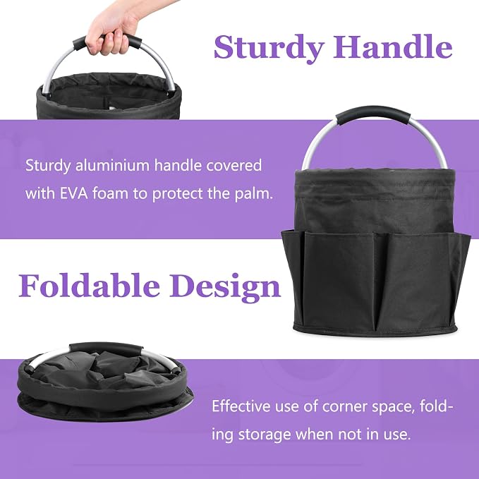 2Pack 17L Foldable Cleaning Supply Caddy with Handle, Portable Bucket Tool Organizer, Garden Tool Bag in 600D Oxford Fabric, Folding Storage Basket for Outdoor, Bathroom, Black + Dark Gray