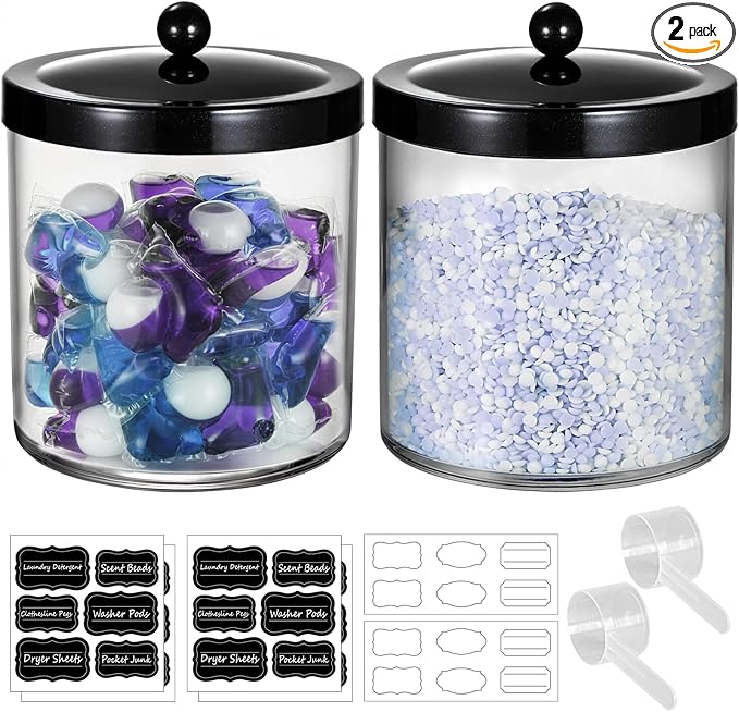 Amolliar 50 Oz Apothecary Jar - 2 Pack Clear Container with Stainless Steel Lid, Plastic Jar for Laundry Room Organization & Pods Storage, Bathroom Vanity Organizer, Kitchen Countertop Decor(Black)