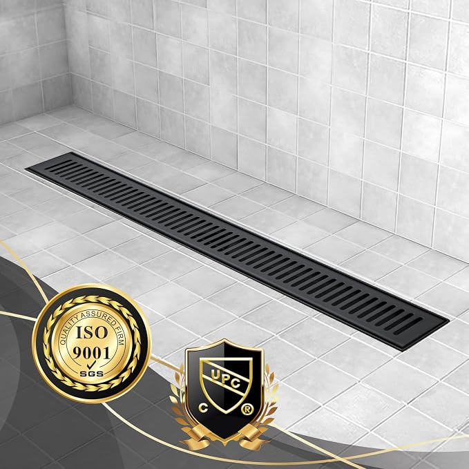 36 Inch Linear Shower Drain, Brushed SUS 304 Stainless Steel,Black | Capsule Drain with Removable Capsule Cover, Linear Drain with Hair Strainer and Adjustable Feet,Bathroom Shower Renovation
