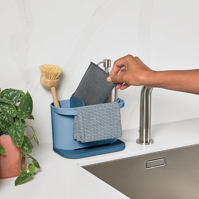 ReBorn Recycled Sink Organizer, Kitchen Sink Organizer, Two Main Compartments, Integrated Dish Cloth Rail, Ribbed and Sloped Base for Draining, Would Made in UK (Avon Blue)