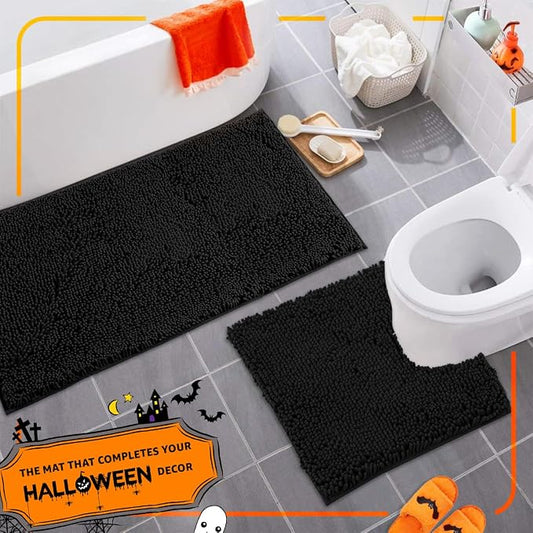 Luxury Black Bathroom Rugs - 2-Piece Set, Soft Plush Anti-Slip Bath Rug + U-Shaped Toilet Mat. Microfiber Shaggy Carpet, Super Absorbent - 36'' x 24'' + 24'' x 20'', Black