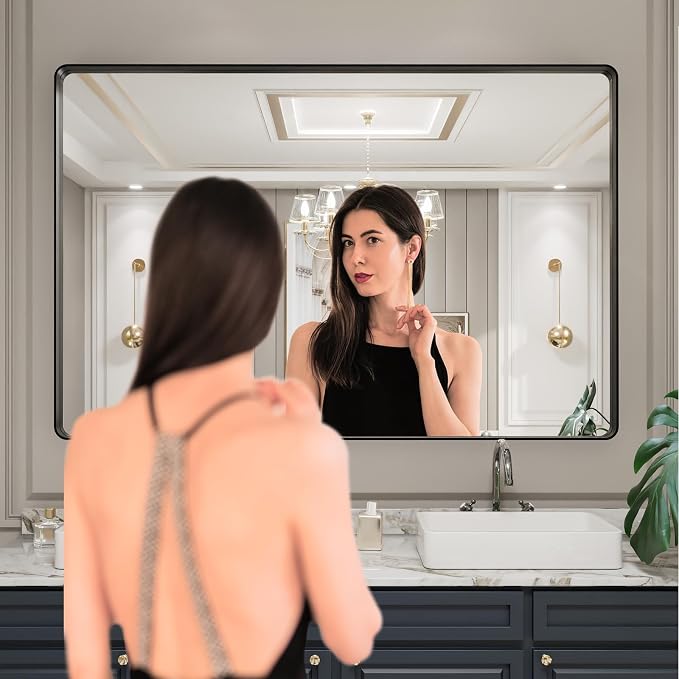 LOAAO 60X40 Inch Black Metal Framed Bathroom Mirror | Matte Black Bathroom Vanity Mirror, Rounded Rectangle, Anti-Rust, Tempered Glass, Hangs Horizontally or Vertically