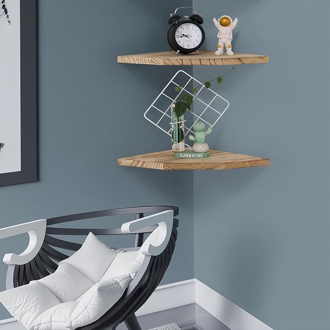 Joiishom Wood Corner Wall Shelves Set of 2, Solid Wood Corner Floating Shelves, Round End Wall Mounted Floating Corner Shelf for Bedroom, Living Room and Kitchen. (Carbonized-12 inch)
