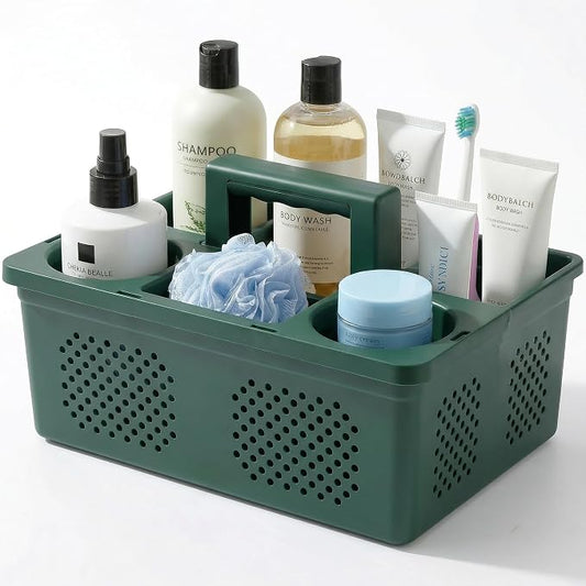 KMV Dorm Room Portable Shower Caddy with Adjustable Compartments - Ventilated Drainage Design with Handles, Perfect Toiletries Organizer for College Dorms-green