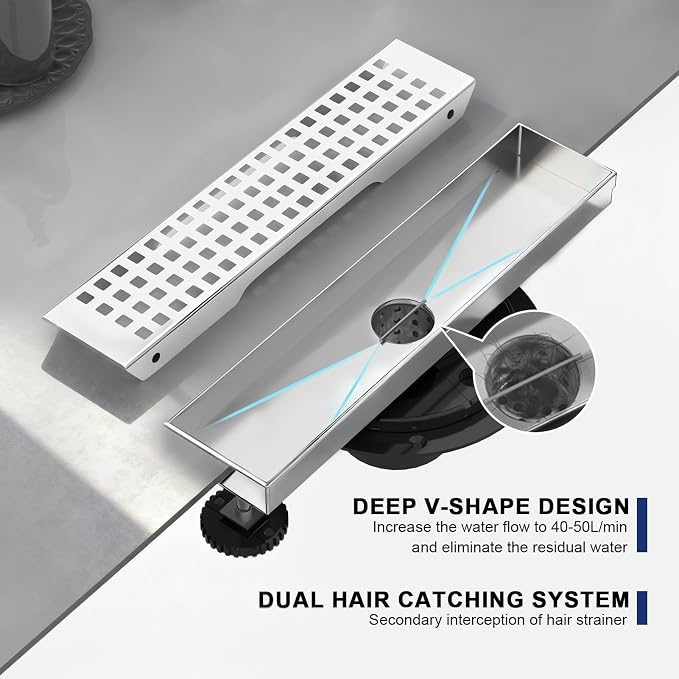 Linear Shower Drain | 18 Inch AISI 304 Stainless Steel Shower Drain, Brushed Nickel Linear Drain with Removable Quadrato Grate Cover & Adjustable Feet, Rectangle Floor Drain, in Bathroom Balcony etc