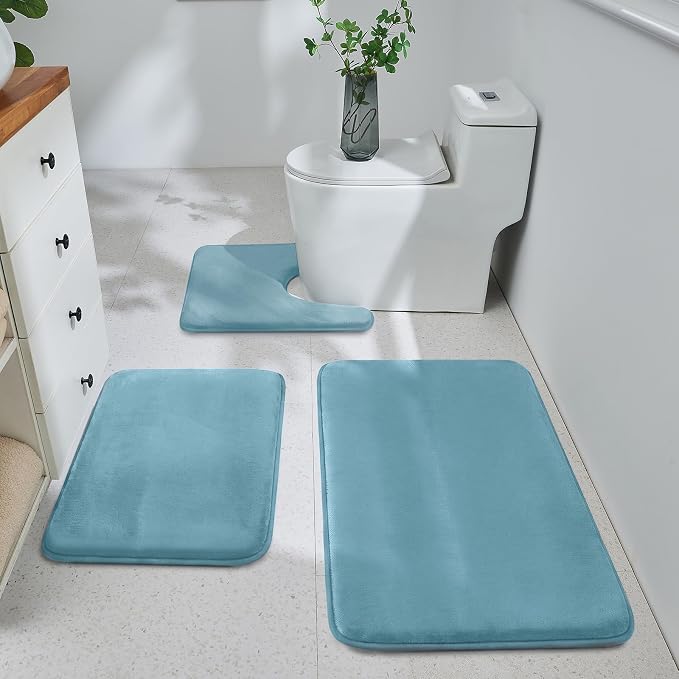 HUXMEYSON 3-Piece Memory Foam Bathroom Rug Set, Lake Blue | Quick Dry Velvet Surface, Non-Slip & PVC Backing, Ultra Soft Bath Rugs for Bathroom, 17"x24"+20"x32"+U Shape 20"x24"