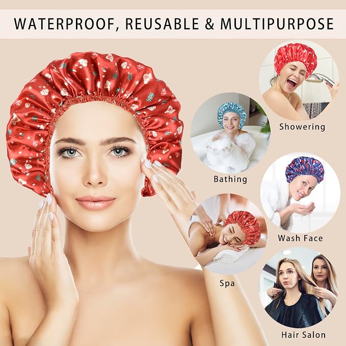 Shower Caps for Women, 4 PCS Reusable Waterproof Bath Cap | Double Layer, Washable, Wide Elastic Band, Holds Long Hair, Caps for Bath Accessories, Spa, Travel Home - Chrismas Pattern