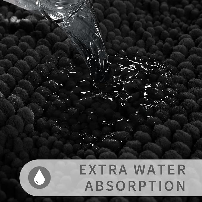 Yimobra Bathroom Rug Set 2 Piece, Absorbent Chenille, 32x20+24x17, Black | Non Slip Machine Washable Quick Dry Bath Mat Set, Soft Plush Shower Rugs for Bathroom Floor Sink Tub and Shower Outside