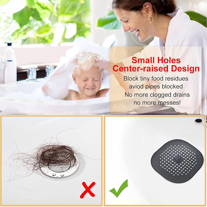 Hair Drain Catcher,Square Drain Cover for Shower Silicone Hair Stopper with Suction Cup,Easy to Install Suit for Bathroom,Bathtub,Kitchen 2 Pack (Sliver Grey Black) | Drainer Cover Silicone Hair Stopper with Suction Cups,Protector Accessories,Easy to I...