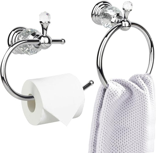 2 Pieces Sets Silver Crystal Series Toilet Paper Holder Wall Mouted Towel Ring, Gold Round Hand Towel Rack Decorative for Bathrooms