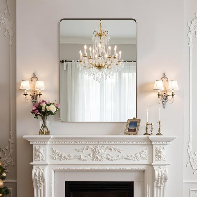32"x24"Bathroom Vanity Mirror for Wall Aluminum Framed Farmhouse Rectangle | Anti-Rust, HD Reflection Anti-Desilvering, Distortion Free, Tempered and Shatter-Proof Wall Mounted Mirror, Brushed Nickel