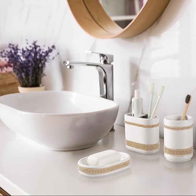 RQYIXI Ceramic 5-Piece Bathroom Accessories Set, Diamonds with White | white ceramic Cotton Swab Jar modern countertop organization