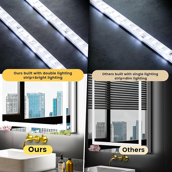 LOAAO 60"X28" LED Bathroom Mirror with Light, UL Listed | Anti-Fog, Dimmable, 3 Color Temperature, Backlit + Front Lit, Memory Function, Tempered Glass