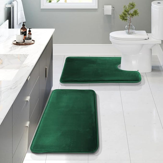 Clara Clark 2 Piece Bathroom Rugs, Velvet Memory Foam Bath Mat Set, Non-Slip Bath Rugs, Machine Wash, Dries Quickly, Ultra Soft Plush Bath Mats for Bathroom, 17 x 24 + Contour, Hunter Green