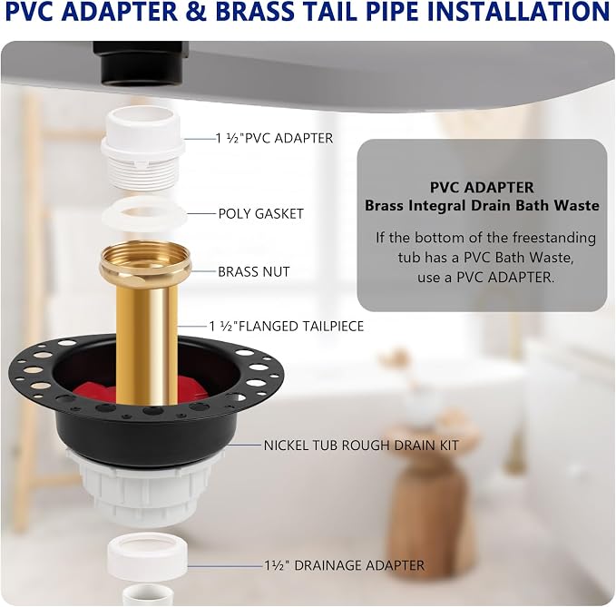 Freestanding Tub Drain Rough-in Kit, Bathtub Drain Kit with PVC Adapter & Brass Tail Pipes,Free Standing Tub Drain Kit, Suitable for All Freestanding Bathtub, Floor-Mounted, and Copper Bathtubs