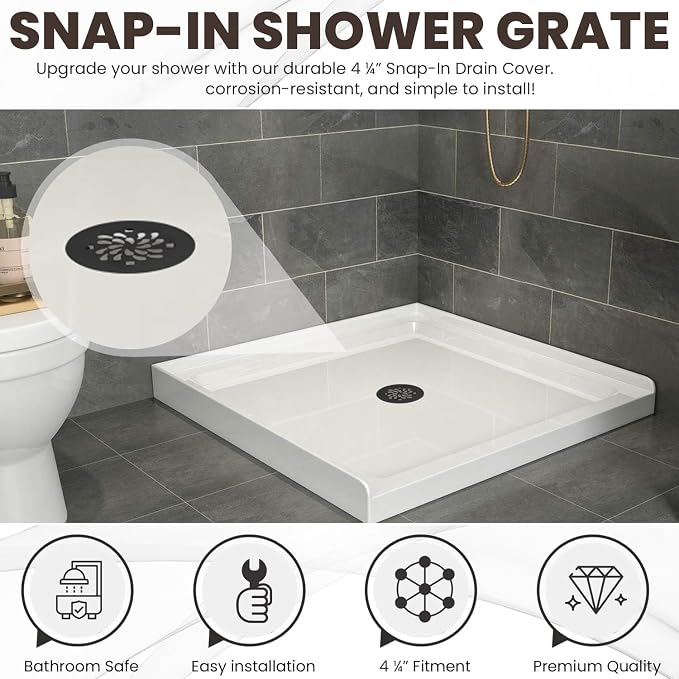 Uni-Green 4-1/4" Round Shower Drain Cover - Snap in Shower Drain Cover Replacement - Circle Shower Drain Grate with Waterdrop Shape - 304 Stainless Steel Material - Matte Black