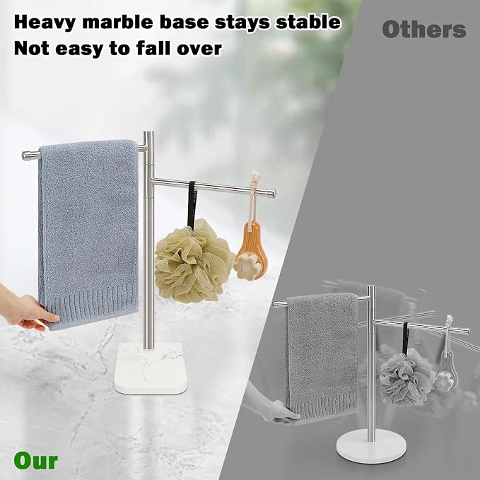 Standing Hand Towel Holder, Hand Towel Stand with Marble Base, 304 Stainless Steel Towel Rack with 2 Swivel Arm, Countertop Stand Towel Ring Towel Bar for Bathroom (Brushed Nickel)