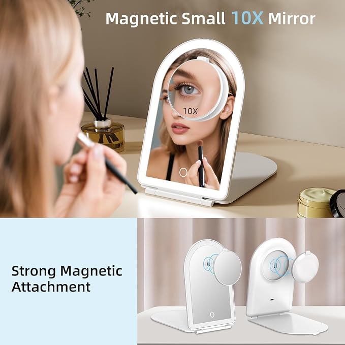 FUNTOUCH Rechargeable Travel Makeup Mirror with Lights Small 10X Magnify | Portable Lighted Compact Mirror with 10X Magnification,3 Lighting, Dimmable Touch, Tabletop Folding Cosmetic Vanity Mirror