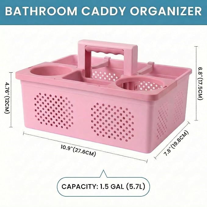 KMV Dorm Room Portable Shower Caddy with Adjustable Compartments - Ventilated Drainage Design with Handles, Perfect Toiletries Organizer for College Dorms-pink