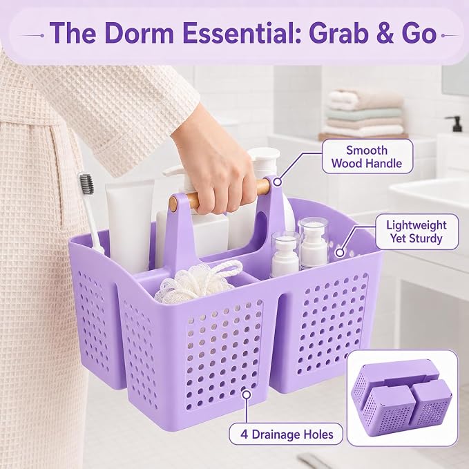 Portable Shower Caddy Basket with Wood Handle, 3-Compartment Bathroom Organizer Tote with Drain Holes, Plastic Shower Basket for Dorm, Toiletries, Cleaning Supplies, Purple
