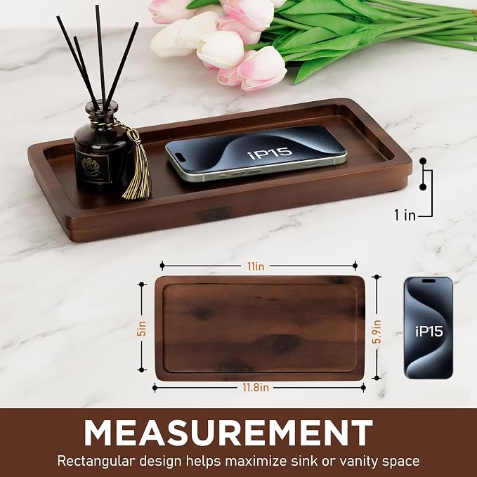 Demigo Bathroom Vanity Tray, Dark Brown Acacia Wood Tray, 11.8 x 5.9 in | Wooden Countertop Organizer for Cosmetics Jewelry Candle & Keys, Decorative Tray for Toilet Tank, Kitchen & Sink Decor