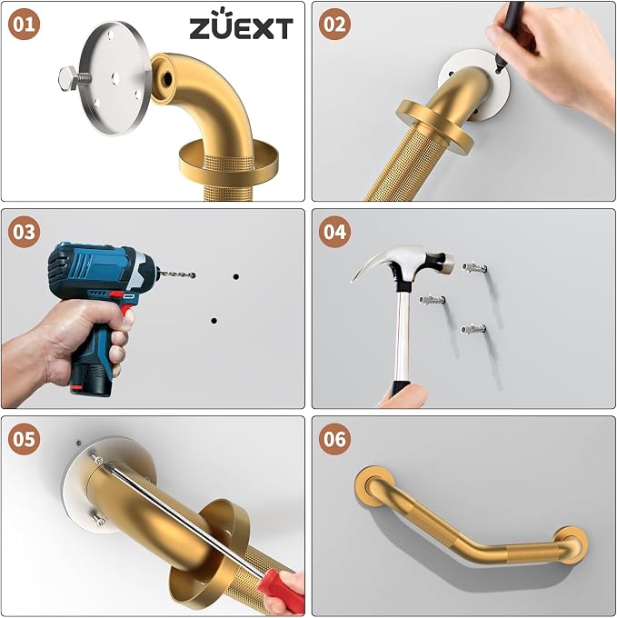 16 Inch Angled Grab Bar 2 Pack, ZUEXT Anti Slip Brushed Gold Shower Grab Bar, Stainless Steel Knurled Bathroom Balance Bar, Safety Hand Rail Support,Handicap Elderly Injury Senior Assist Bath Handle
