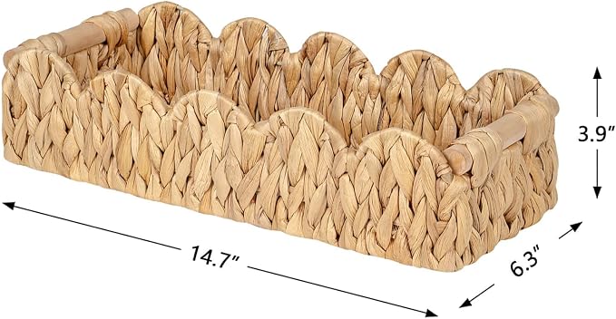 Kriitools Wicker Bathroom Basket Tray Organizer w/Scalloped for Toilet Paper, 2PCS Rattan Decorative Basket for Bathroom Decor, Farmhouse Home Decor, Living Room and more, Natural Water Hyacinth