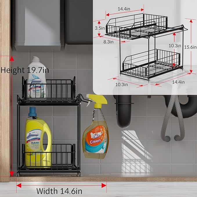 SUEH DESIGN Under Sink Organizers and Storage, 2 Pack | 2 Tier Metal, Hanging Rail, Kitchen Bathroom Cabinet Organizer