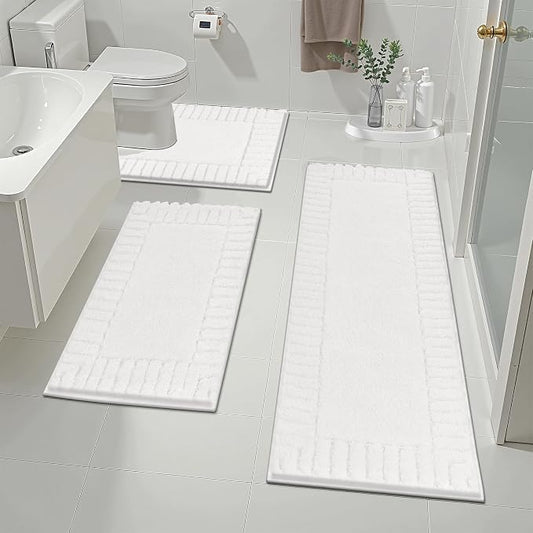 Pauwer Bathroom Rugs Sets 3 Piece, Microfiber Bath Mat Set, White | Non Slip Washable, Soft Plush, Extra Absorbent Bath Mats, U Shaped Contour Toilet Rug for Bathroom