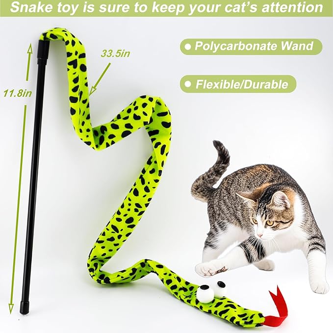Interactive Cat Toy Wand with Catnip Mouse, Cat Teaser Wand Rainbow String for Bored Indoor Adult Cats and Kittens (3 Pack Snake)