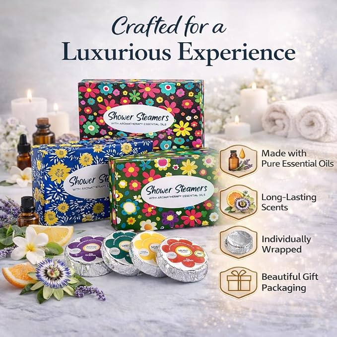 Shower Steamers for Women Gift Set 24pc Shower Bombs Aromatherapy Gift Set | Shower Melts w/Organic Essential Oils, Bath Bombs for Shower, Birthday Gifts, Individually Wrapped & 4 Boxes of Pack of 6