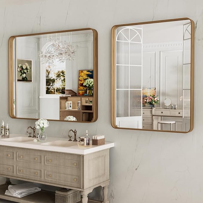 LOAAO 40X24 Inch Bathroom Mirror with Wood Grain Colored Metal Frame | Rounded Rectangle Metal Framed, Anti-Rust, Hangs Horizontally or Vertically