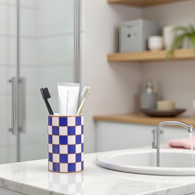 Checkered Bathroom Toothbrush Holder, Bathroom Black and White Ceramic Toothbrush Holder, Modern Toothbrush Box, Used for Bathroom countertop Storage Rack, Checkered Bathroom Decoration (Blue)