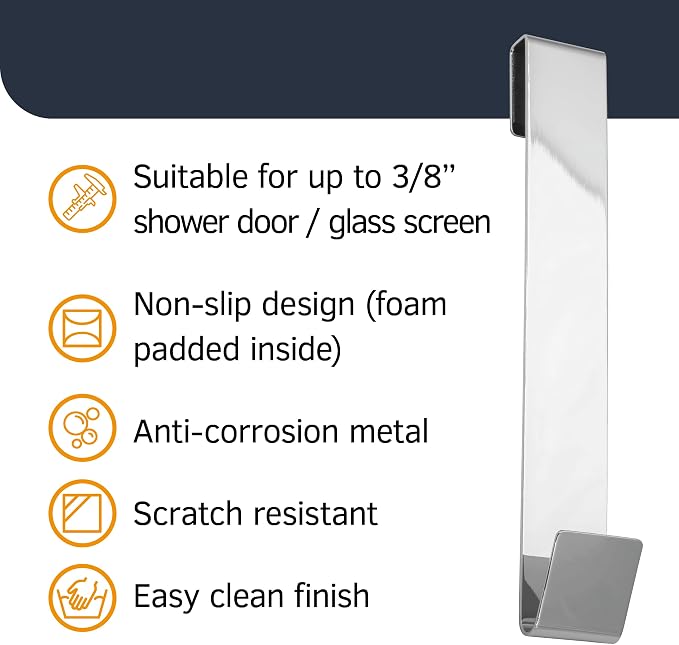 8" Shower Hooks, Chrome, 2 Pack - Shower Towel & Door Hook for Frameless Glass Door