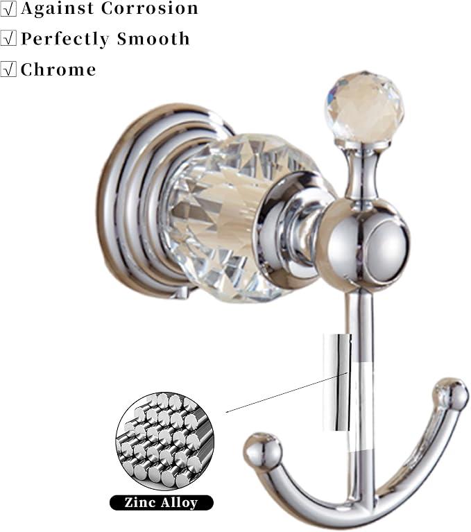 Crystal Silver Towel Hook, Chrome Bathroom Robe Hook, Coat Rack Hanger Heavy Sturdy Double Towel Hooks Bath Farmhouse Clothes Hook Wall Mounted Modern for Bathroom Kitchen Washroom