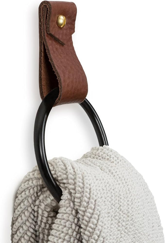 Small Leather Wall Hook, Black Towel Ring wall Hanging Strap Towel Hook for wall Leather Loop Strap Holder Minimal Towel bar Rack Storage Modern Bathroom Hand Towel Holder