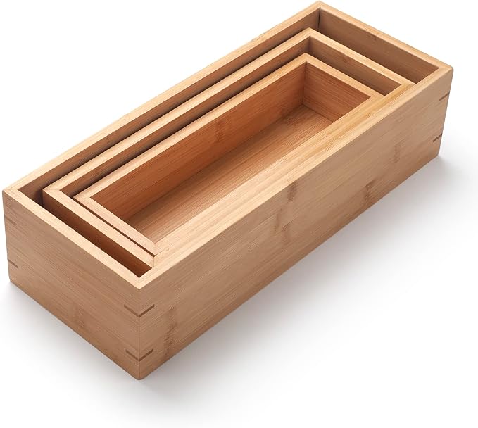 3Pcs Bamboo Bathroom Basket, Wood Bathroom Organizer, Wooden Basket Tray for Counter Toilet Tank Top, Home Decor Wood Box for Toilet Paper Storage