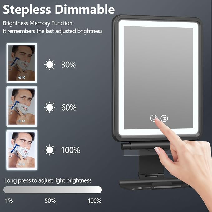Heated Shower Mirror Fogless for Shaving, Anti-Fog Mirror for Shower | 3 Colors Stepless Dimmable Lights, 5000mAh Rechargeable Battery with Razor Holder, No-Drilling, Light Memory Function