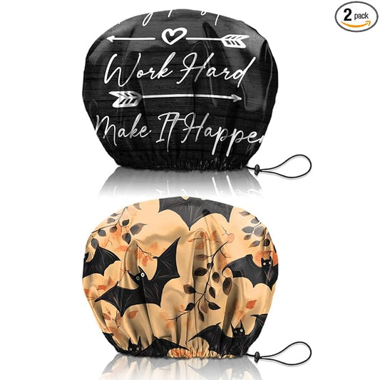2 PCS Shower Cap Reusable Waterproof Double Layers Hair Caps Shower Bath Adjustable Elastic Hat for Women Girls Cute Aesthetic-Black Bat
