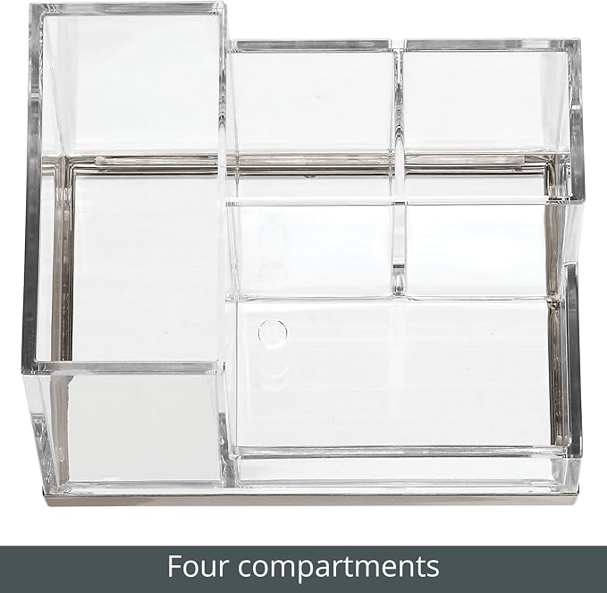 mDesign Plated Toothbrush and Toothpaste Holder, Storage Organizer Stand with 4 Compartments for Bathroom Countertop, Holders for Electric Toothbrush, Toothpaste, Hyde Collection, Clear/Brushed Chrome