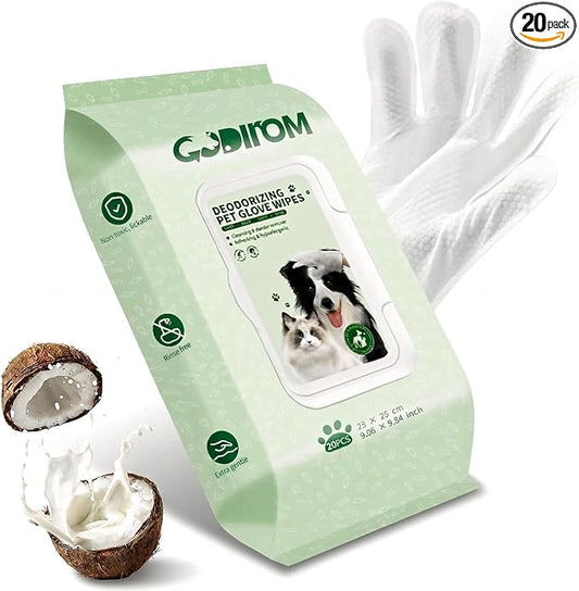 Pet Cleaning Glove Wipes for Dogs & Cats, 20 Pcs | Thick 90g, No-Rinse Deodorizing, Hypoallergenic, Disposable Bathing Gloves, Coconut Scent