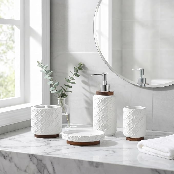 RQYIXI Ceramic 4-Piece Bathroom Accessories Set,White | Countertop Essentials Embossed Textured Design Solid Wood Non-Slip Detail Pearl White Finish
